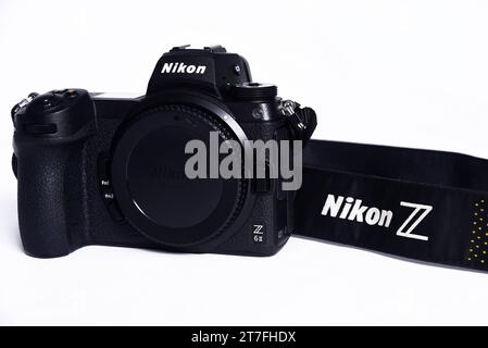 Goiania, Brazil July 12, 2023: Nikon Z6 II (version 2) photography showdown and camera competition. White background. The best mirrorless cameras from Stock Photo