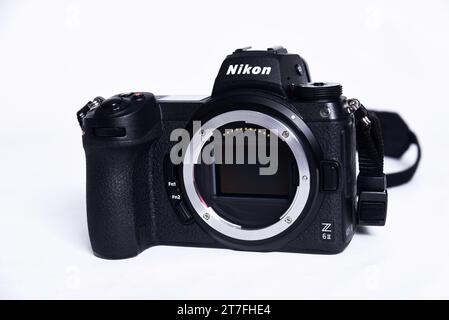 Goiania, Brazil July 12, 2023: Nikon Z6 II (version 2) photography showdown and camera competition. White background. The best mirrorless cameras from Stock Photo