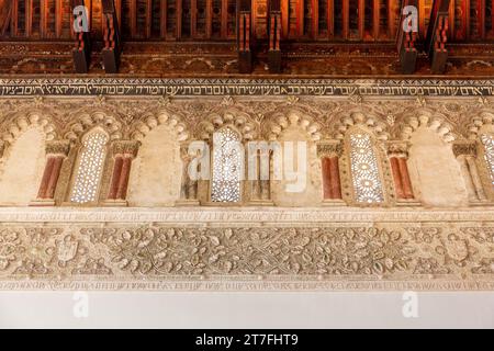 Toledo, Spain, 08.10.21. Rich Mudejar, Nasrid-style polychrome stucco decorations, arches, floral patterns in the Synagogue of El Transito. Stock Photo