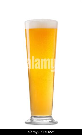 A glass of light beer with beautiful foam isolated on a white background, beer in a glass mug. Stock Photo