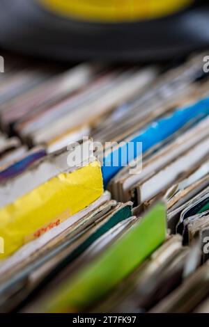 Detail of a collection of seven inch vinyl records Stock Photo