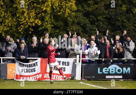 Charlton Athletic's Alfie May celebrates scoring their side's third goal of the game during the Emirates FA Cup first round replay match at The Artic Stadium, London. Picture date: Wednesday November 15, 2023. Stock Photo