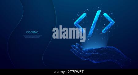 Hand holding programming code symbol in futuristic light blue style Stock Vector