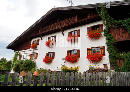 idyllic scene with a traditional Bavarian rustic alpine farmhouse with red geraniums and a firewood pile by the wall in Schwangau in the Bavarian Alps Stock Photo