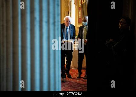 Washington, USA. 15th Nov, 2023. Senator Bernie Sanders (I-VT) exits a meeting, at the U.S. Capitol, in Washington, DC, on Wednesday, November 15, 2023. (Graeme Sloan/Sipa USA) Credit: Sipa USA/Alamy Live News Stock Photo