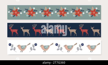 Set of Scandinavian Christmas web banners, washi tapes. Seamless winter patterns with winter flowers, poinsettia, reindeer and birds. Decorative hand Stock Vector
