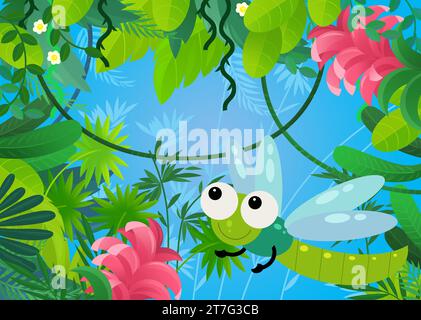 cartoon scene with forest and animal creature insect dragonfly illustration for kids Stock Photo