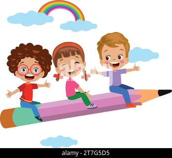 cute kids flying in the sky with pencil Stock Vector
