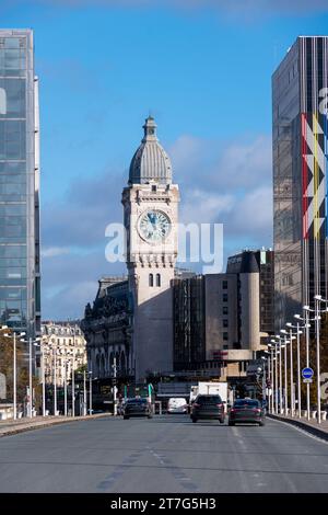 Distant view of the Clock Tower of Gare de Lyon train station, built on the occasion of the 1900 Universal Exhibition in Paris, France Stock Photo