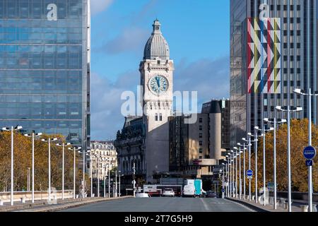 Distant view of the Clock Tower of Gare de Lyon train station, built on the occasion of the 1900 Universal Exhibition in Paris, France Stock Photo