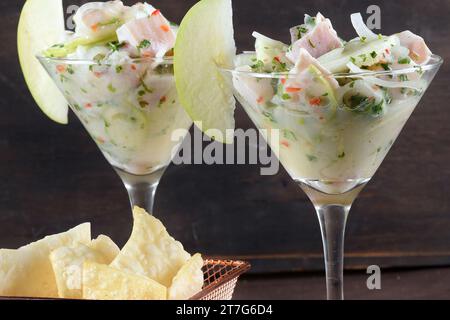 Ceviche dish of Peruvian and South American cuisine raw fish or shrimp marinated in lemon or lime juice or other citrus Stock Photo