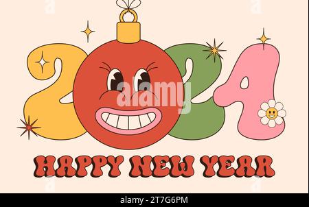 Groovy Happy New Year 2024. Happy new year 2024 number with bauble ball design in groovy style. Trendy background for branding, banner, cover, card. Stock Vector