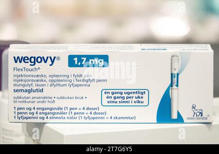 Packaging box of Wegovy (semaglutide) injectable prescription medication, weight-loss drug from Novo Nordisk AS. Copenhagen, Denmark - August 13, 2023 Stock Photo