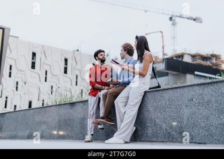 Colleagues discussing project planning and design review in a corporate workplace. Stock Photo