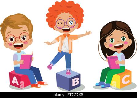 classroom letter cubes and cute students Stock Vector