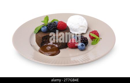 Delicious chocolate fondant served with fresh berries and ice cream isolated on white Stock Photo