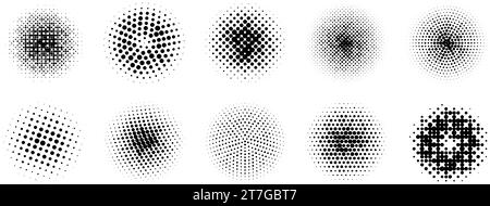 Halftone gradient circles collection. Black dot textured round patterns. Comic radial faded background set. Abstract pixelated elements for frame, poster, collage, banner, flyer. Vector cartoon bundle Stock Vector