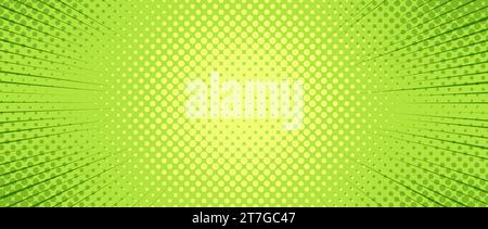 Green radial dotted comic background. Speed lines wallpaper with pop art halftone texture. Anime cartoon rays explosion backdrop for poster, banner, print, magazine, cover. Vector illustration Stock Vector