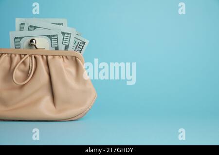 One stylish leather purse with money on light blue background. Space for text Stock Photo