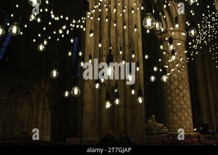 Durham Cathedral Nave, Lumiere - Pluse Topology, Artist Rafael Lozano-Hemmer (MEXICO/CANADA) Art meets science as Durham Cathedral becomes Lumiere’s pulsating heart, Durham City, UK, November 15th, 2023, Credit: DEW/Alamy Live News Stock Photo