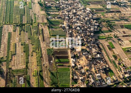 Aerial view of stone walls separating lush irrigated Nile River valley farm field from the dry arid desert sands Stock Photo