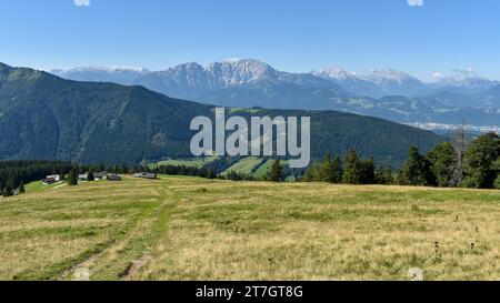 View over the Spielbergalm to the Berchtesgaden Alps with from left Hochkoenig, Hoher Goell, Watzmann, Hochkalter and horse-rider Alpe, Salzburger Stock Photo