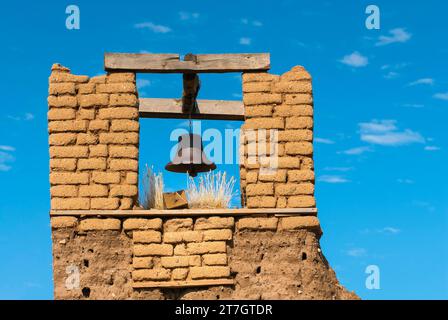 Old church tower, church, bell, faith, religion, God, Christianity, Taos Pueblo, New Mexico, USA Stock Photo