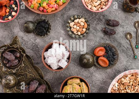 Arabian lukum baklava dates nuts dried fruits ramadan Stock Photo