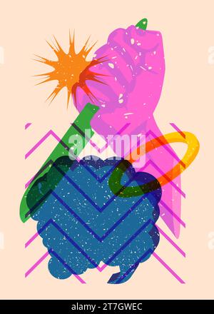 Risograph Kitchen Knife in hand with speech bubble and geometric shapes. Scary murderer object in trendy riso graph print texture style design with ge Stock Vector