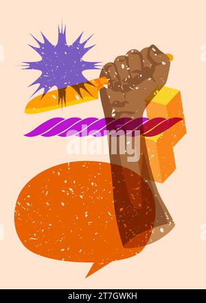 Risograph Kitchen Knife in hand with speech bubble and geometric shapes. Scary murderer object in trendy riso graph print texture style design with ge Stock Vector