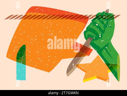 Risograph Kitchen Knife in hand with speech bubble and geometric shapes. Scary murderer object in trendy riso graph print texture style design with ge Stock Vector