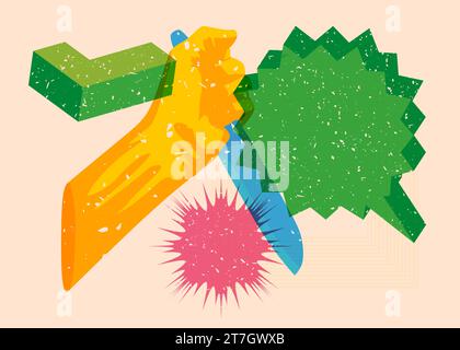 Risograph Kitchen Knife in hand with speech bubble and geometric shapes. Scary murderer object in trendy riso graph print texture style design with ge Stock Vector