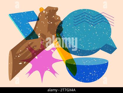 Risograph Kitchen Knife in hand with speech bubble and geometric shapes. Scary murderer object in trendy riso graph print texture style design with ge Stock Vector