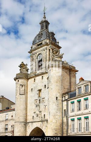 Medieval clock tower in La Rochelle, Porte de la Grosse Horloge, Charente-Maritime department, France Stock Photo
