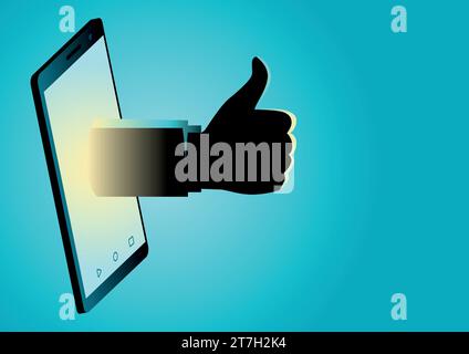 Vector illustration of a hand appearing from smart phone doing thumb up Stock Vector