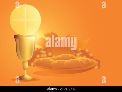 Sacrament of communion, Catholic church ceremony, Eucharist symbol with chalice, bread and grapes. Vector illustration Stock Vector