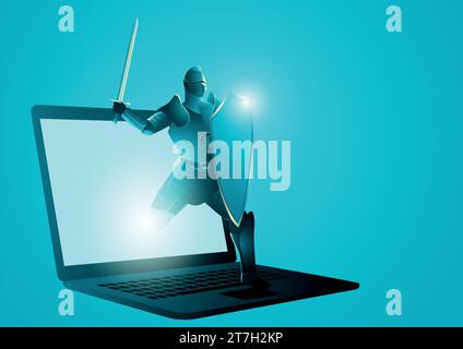 Vector illustration of a knight with shield and sword appearing from laptop screen. Anti virus, protection, computer security concept Stock Vector
