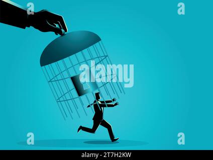 Giant hand capturing a running businessman with birdcage, business concept vector illustration Stock Vector