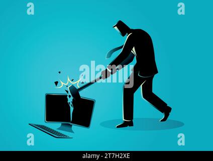 Businessman destroying desktop computer with sledge hammer, vector illustration Stock Vector