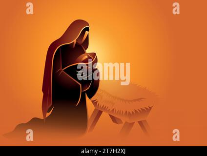 Biblical vector illustration series, Mary holding baby Jesus. Christmas theme Stock Vector