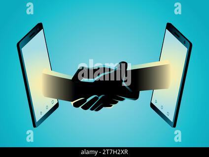 Vector illustration of two hands holding each other strongly through smart phone Stock Vector