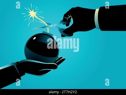 Business concept illustration of a man giving a bomb with a lit fuse and other man trying to diffuse it by cutting the fuse. Big problem and solution Stock Vector