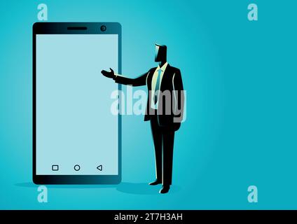 Vector illustration of businessman presenting a blank screen smart phone Stock Vector