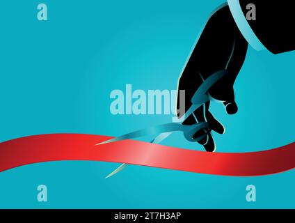 Businessman hand with scissors cutting red ribbon. New project, opening ceremony concept, vector illustration Stock Vector
