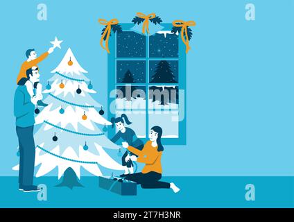 Simple flat vector illustration of happy family decorating Christmas tree Stock Vector