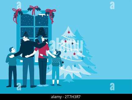 Simple flat vector illustration of happy family in front of the window during winter time, Christmas theme. Stock Vector