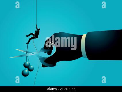 Business concept illustration of a businessman climbing on rope meanwhile a giant hand with scissors cutting his loads with dollar symbol. Cut loss co Stock Vector