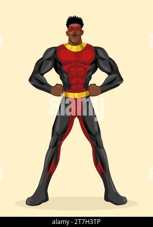 Simple flat vector illustration of a black superhero, cartoon, comic, action figure Stock Vector