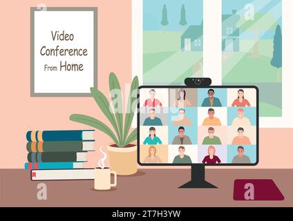Simple flat cartoon illustration. Stay and work from home during pandemic, video conference vector illustration. Computer screen, group of people talk Stock Vector
