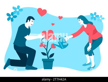 Simple flat cartoon illustration of couple watering love plant Stock Vector